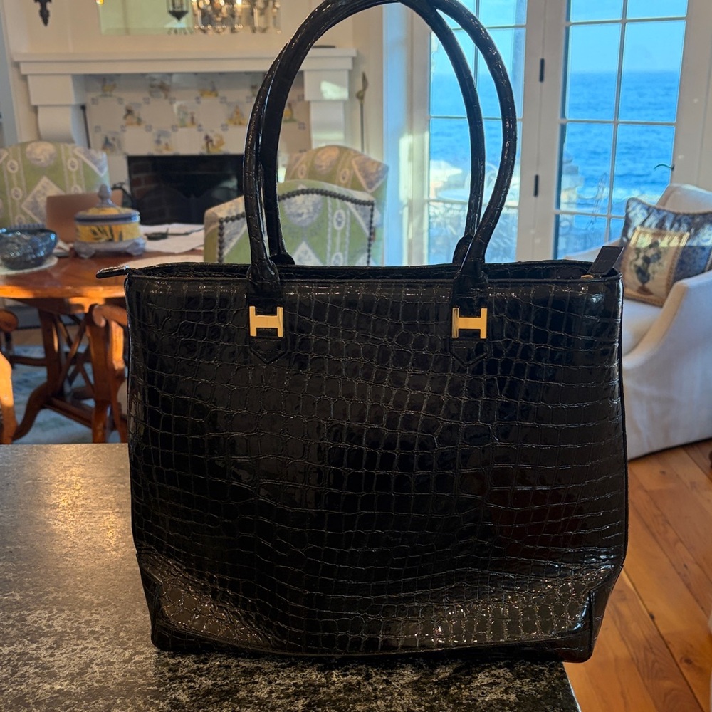 Black Croc-Embossed Structured Tote Bag with Gold Accents